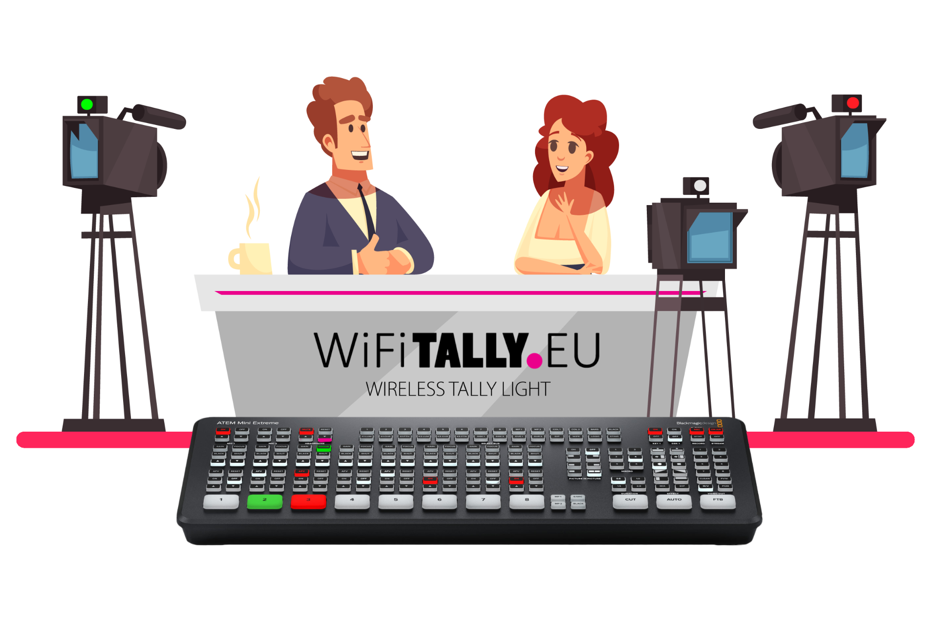 Talk show studio with two presenters, cameras showing red and green WiFiTally lights, and an ATEM Mini Extreme switcher